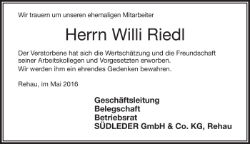 Traueranzeige von Willi Riedl von Frankenpost