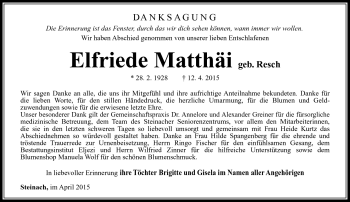 Traueranzeige von Elfriede Matthäi von Südthüringer Presse