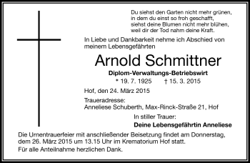 Traueranzeige von Arnold Schmittner von Frankenpost