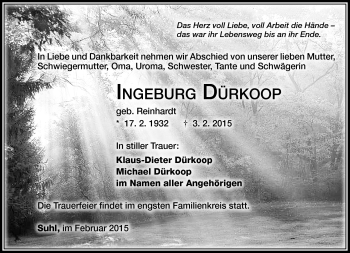 Traueranzeige von Ingeburg Dürkoop von Südthüringer Presse