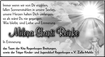 Traueranzeige von Milena Shanti Reinke von Südthüringer Presse