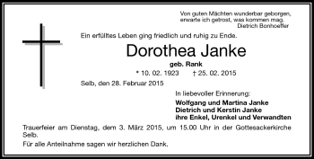 Traueranzeige von Dorothea Janke von Frankenpost