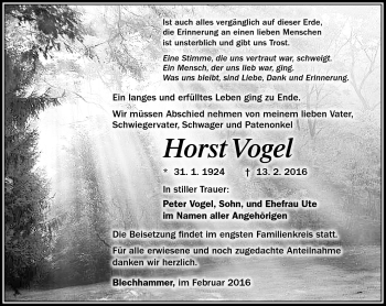 Traueranzeige von Horst Vogel von Südthüringer Presse