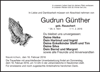 Traueranzeige von Gudrun Günther von Neue Presse Coburg