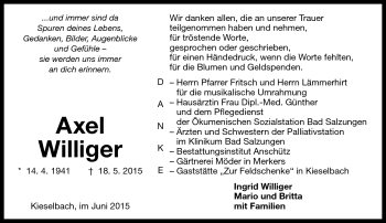 Traueranzeige von Axel Williger von Südthüringer Presse