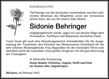 Traueranzeige von Sidonie Behringer von Südthüringer Presse