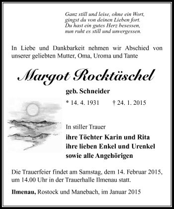 Traueranzeige von Margot Rocktäschel von Südthüringer Presse