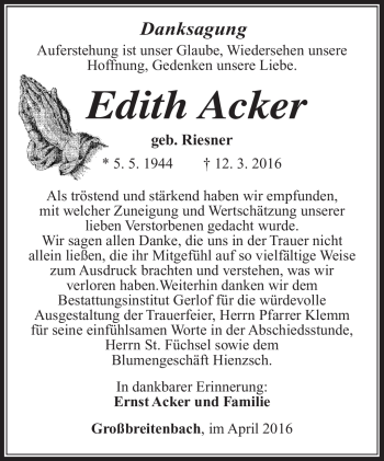 Traueranzeige von Edith Acker von Südthüringer Presse