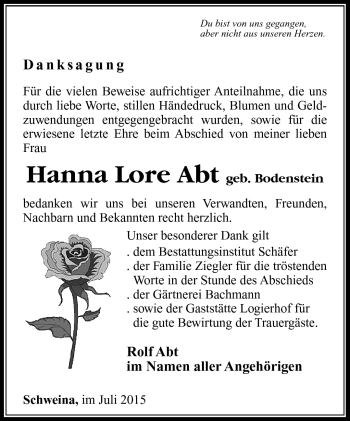 Traueranzeige von Hanna Lore Abt von Südthüringer Presse