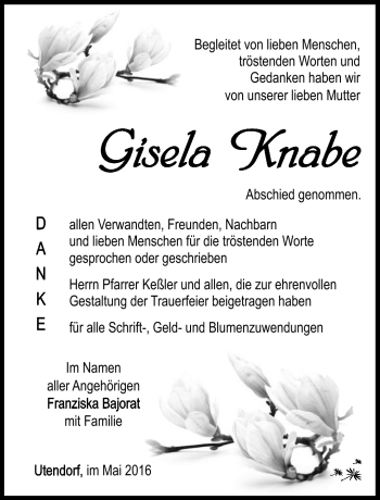 Traueranzeige von Gisela Knabe von Südthüringer Presse