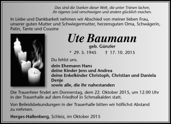 Traueranzeige von Ute Baumann von Südthüringer Presse