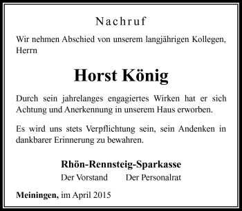 Traueranzeige von Horst König von Südthüringer Presse