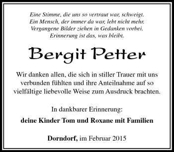Traueranzeige von Bergit Petter von Südthüringer Presse