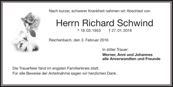 Traueranzeige von Richard Schwind von Frankenpost