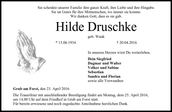 Traueranzeige von Hilde Druschke von Neue Presse Coburg