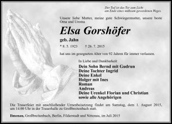 Traueranzeige von Elsa Gorshöfer von Südthüringer Presse