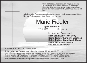 Traueranzeige von Marie Fiedler von Neue Presse Coburg