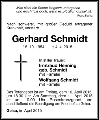 Traueranzeige von Gerhard Schmidt von Südthüringer Presse