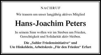 Traueranzeige von Hans-Joachim Peters von Südthüringer Presse