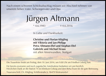 Traueranzeige von Jürgen Altmann von Neue Presse Coburg
