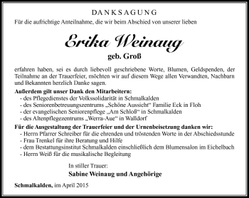 Traueranzeige von Erika Weinaug von Südthüringer Presse