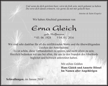 Traueranzeige von Erna Gleich von Südthüringer Presse