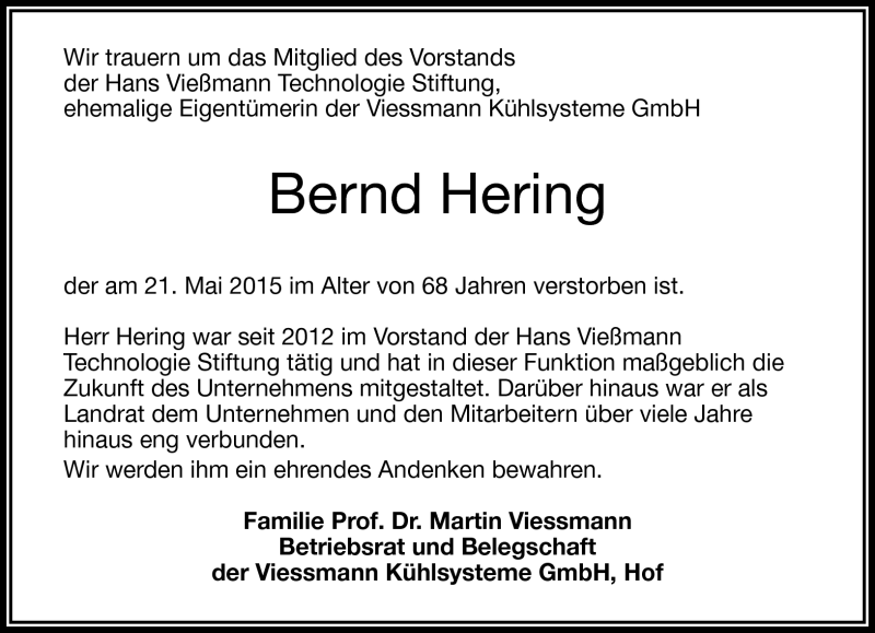  Traueranzeige für Bernd Hering vom 26.05.2015 aus Frankenpost