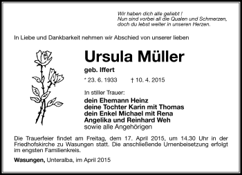 Traueranzeige von Ursula Müller von Südthüringer Presse