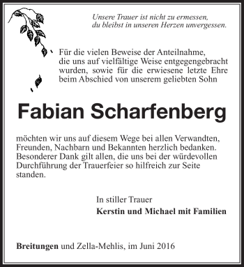 Traueranzeige von Fabian Scharfenberg von Südthüringer Presse