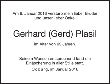 Traueranzeige von Gerhard Plasil von Neue Presse Coburg