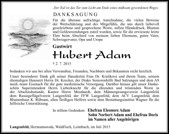 Traueranzeige von Hubert Adam von Südthüringer Presse