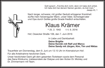 Traueranzeige von Klaus Krämer von Frankenpost