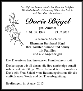 Traueranzeige von Doris Bögel von Südthüringer Presse