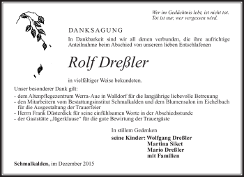 Traueranzeige von Rolf Dreßler von Südthüringer Presse