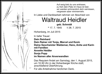 Traueranzeige von Waltraud Heidler von Frankenpost