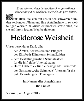 Traueranzeige von Heiderose Weisheit von Südthüringer Presse
