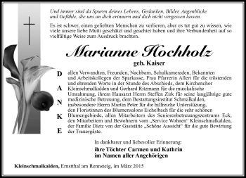 Traueranzeige von Marianne Hochholz von Südthüringer Presse