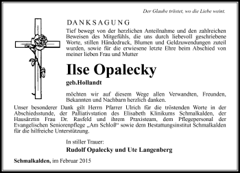 Traueranzeige von Ilse Opalecky von Südthüringer Presse