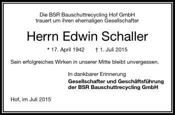 Traueranzeige von Edwin Schaller von Frankenpost