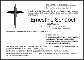 Traueranzeige von Ernestine Schübel von Frankenpost