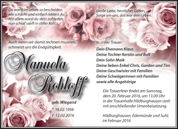 Traueranzeige von Manuela Rohloff von Südthüringer Presse