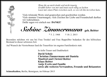 Traueranzeige von Sabine Zimmermann von Südthüringer Presse