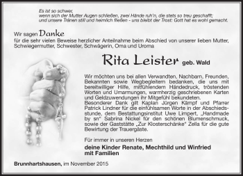 Traueranzeige von Rita Leister von Südthüringer Presse