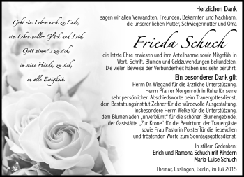 Traueranzeige von Frieda Schuch von Südthüringer Presse