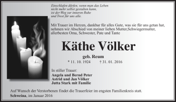 Traueranzeige von Käthe Völker von Südthüringer Presse