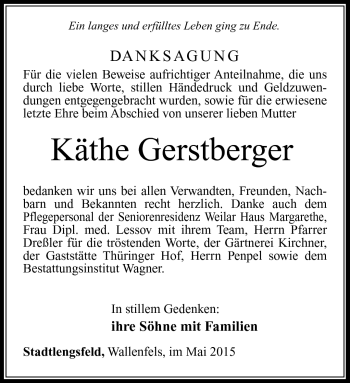 Traueranzeige von Käthe Gerstberger von Südthüringer Presse