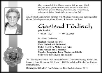 Traueranzeige von Gertrud Födisch von Südthüringer Presse