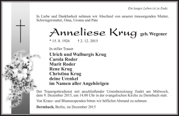 Traueranzeige von Anneliese Krug von Südthüringer Presse