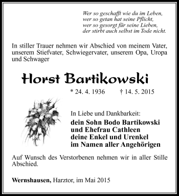 Traueranzeige von Horst Bartikowski von Südthüringer Presse