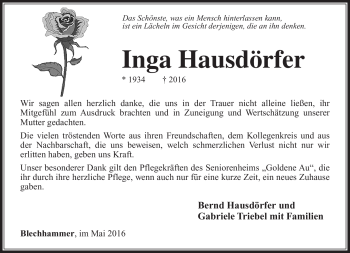 Traueranzeige von Inga Hausdörfer von Südthüringer Presse